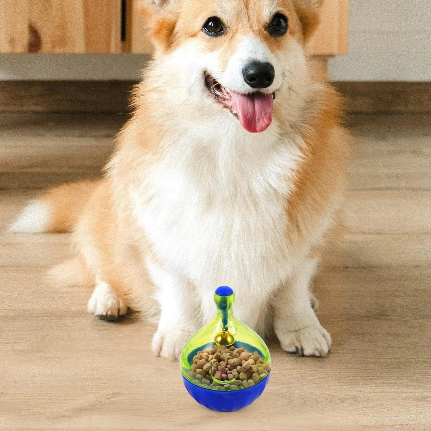 Blue pet treat tumbler dispenser for dogs and cats with interactive ball design