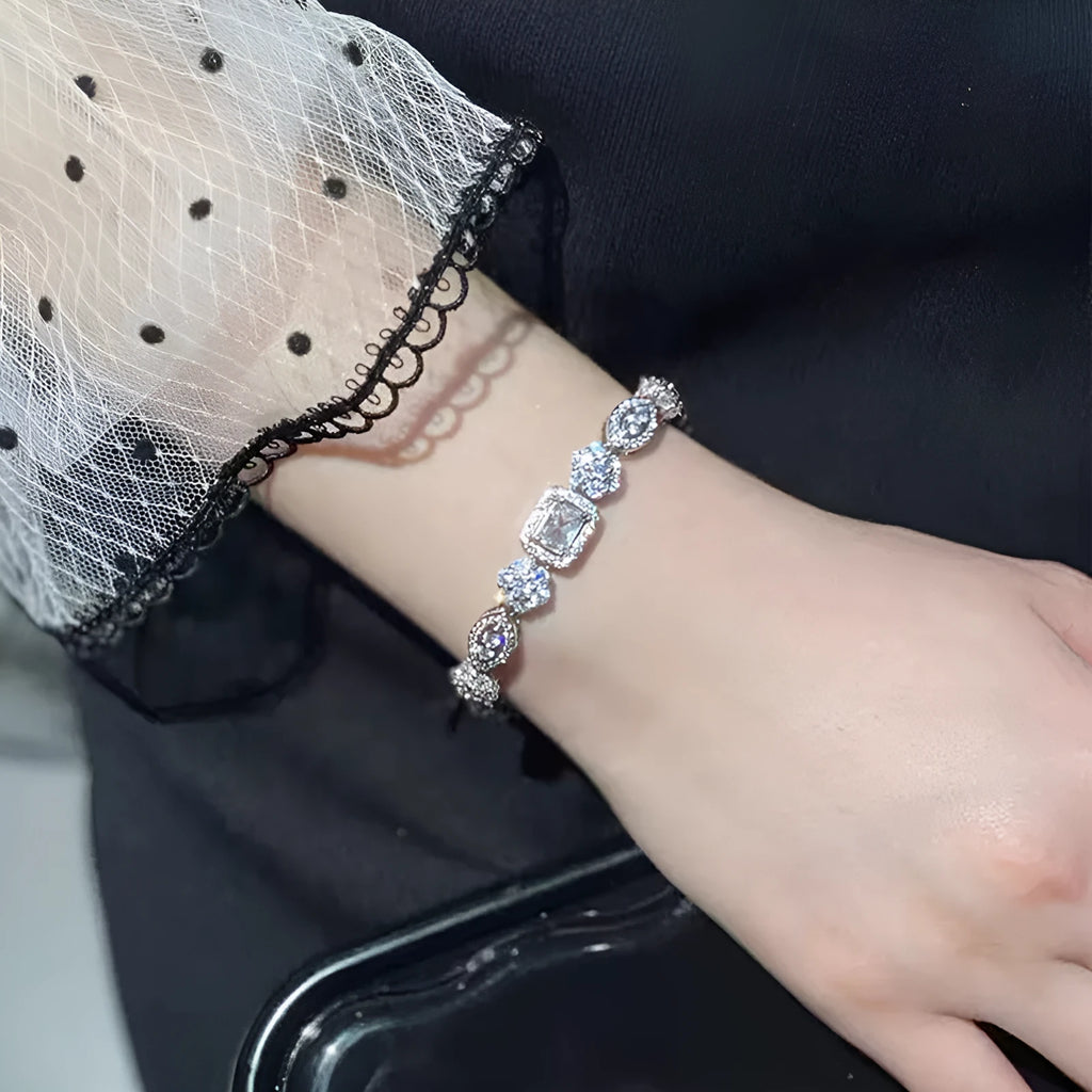 Women's geometric silver bracelet with zircon stones in two size options