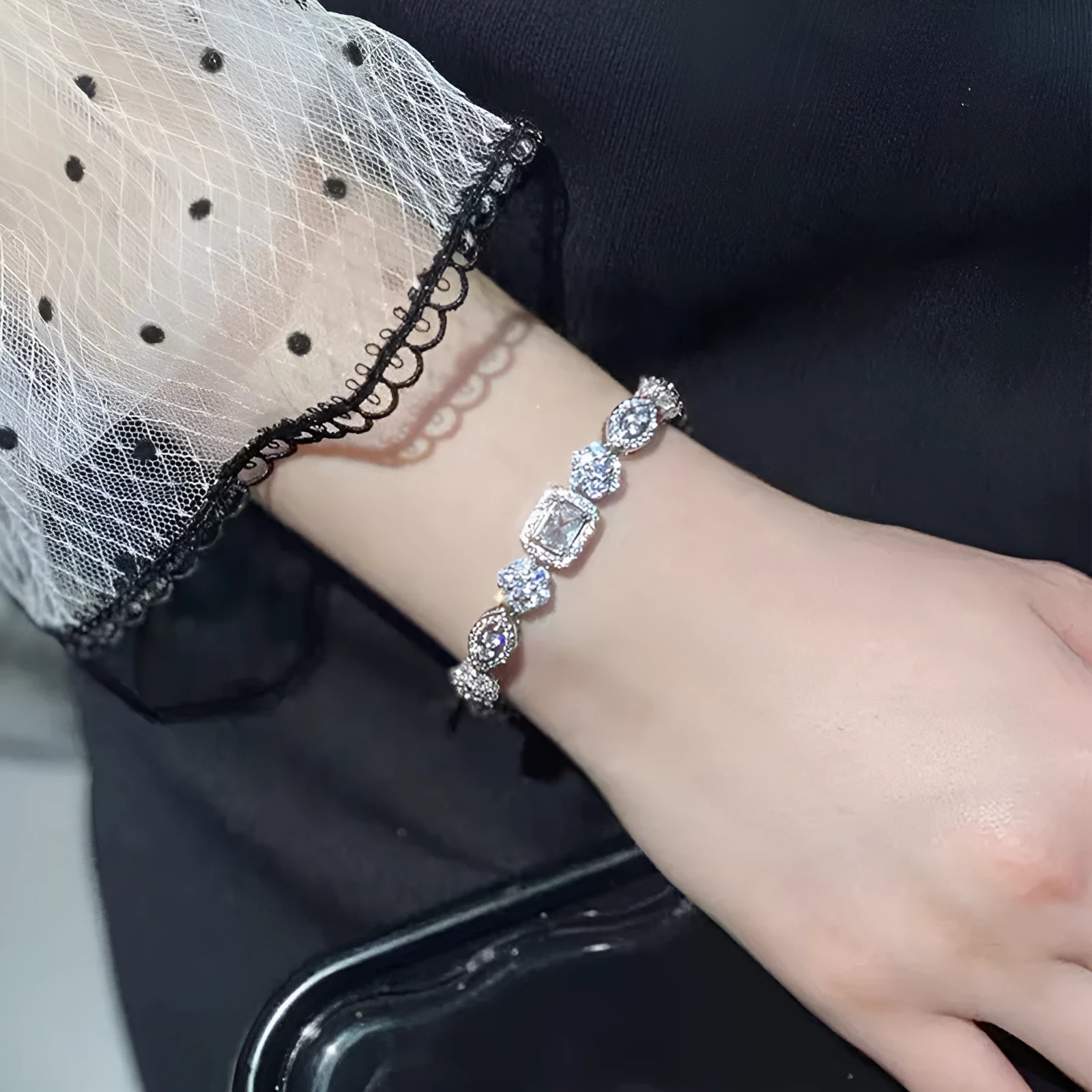 Women's geometric silver bracelet with zircon stones in two size options