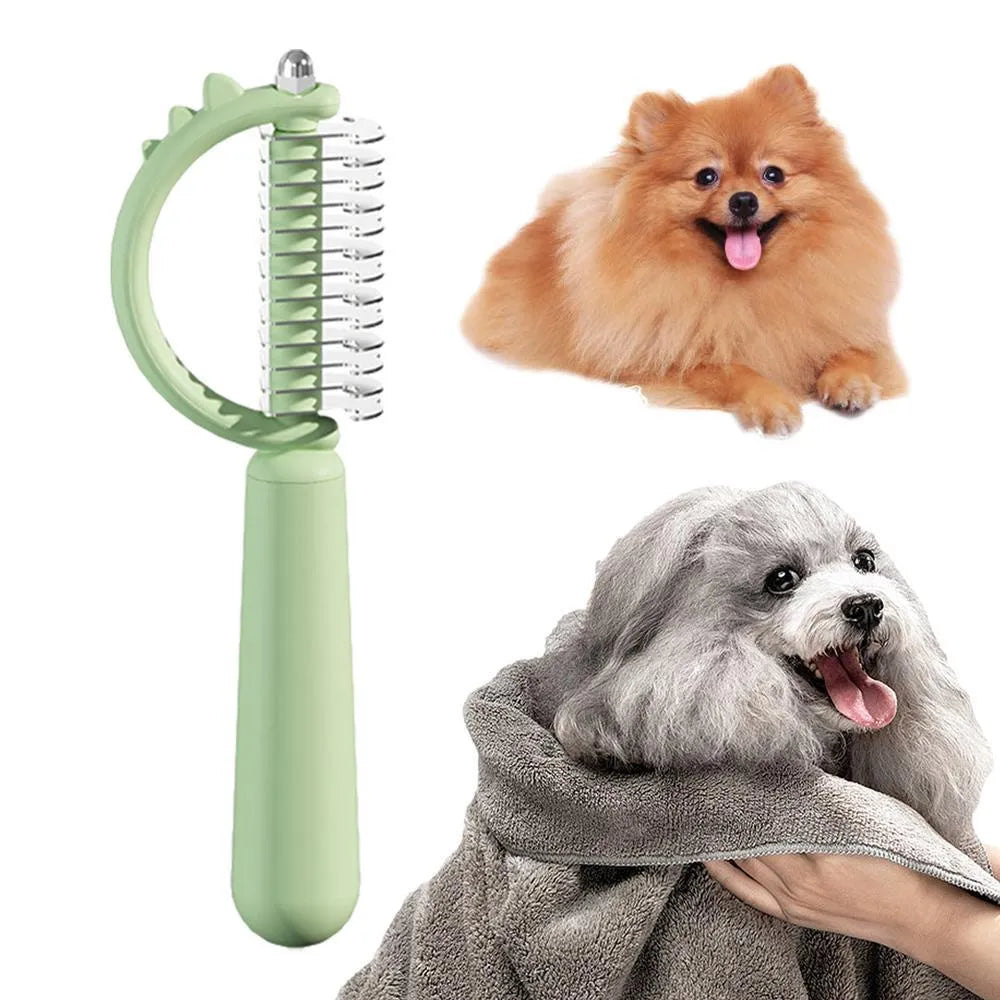 Blue dinosaur-shaped self-cleaning cat brush with stainless steel pins