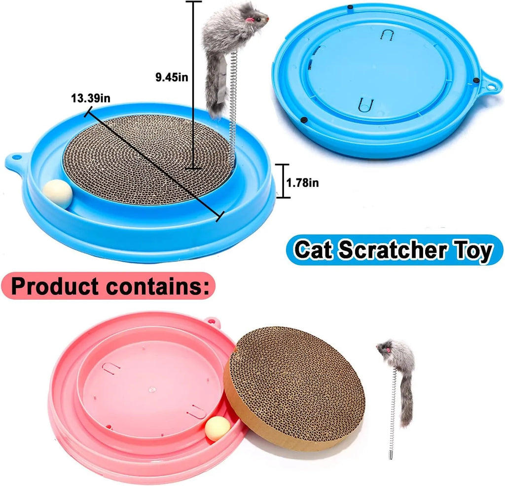 Blue interactive cat scratch pad with ball track and replaceable centre scratching surface