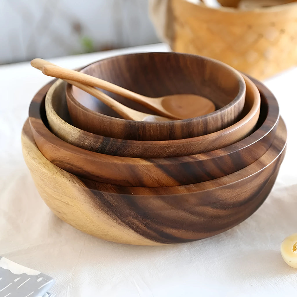 Natural wooden bowl handmade Japanese style brown fruit salad bowl available in sizes 8x6cm to 26x8cm