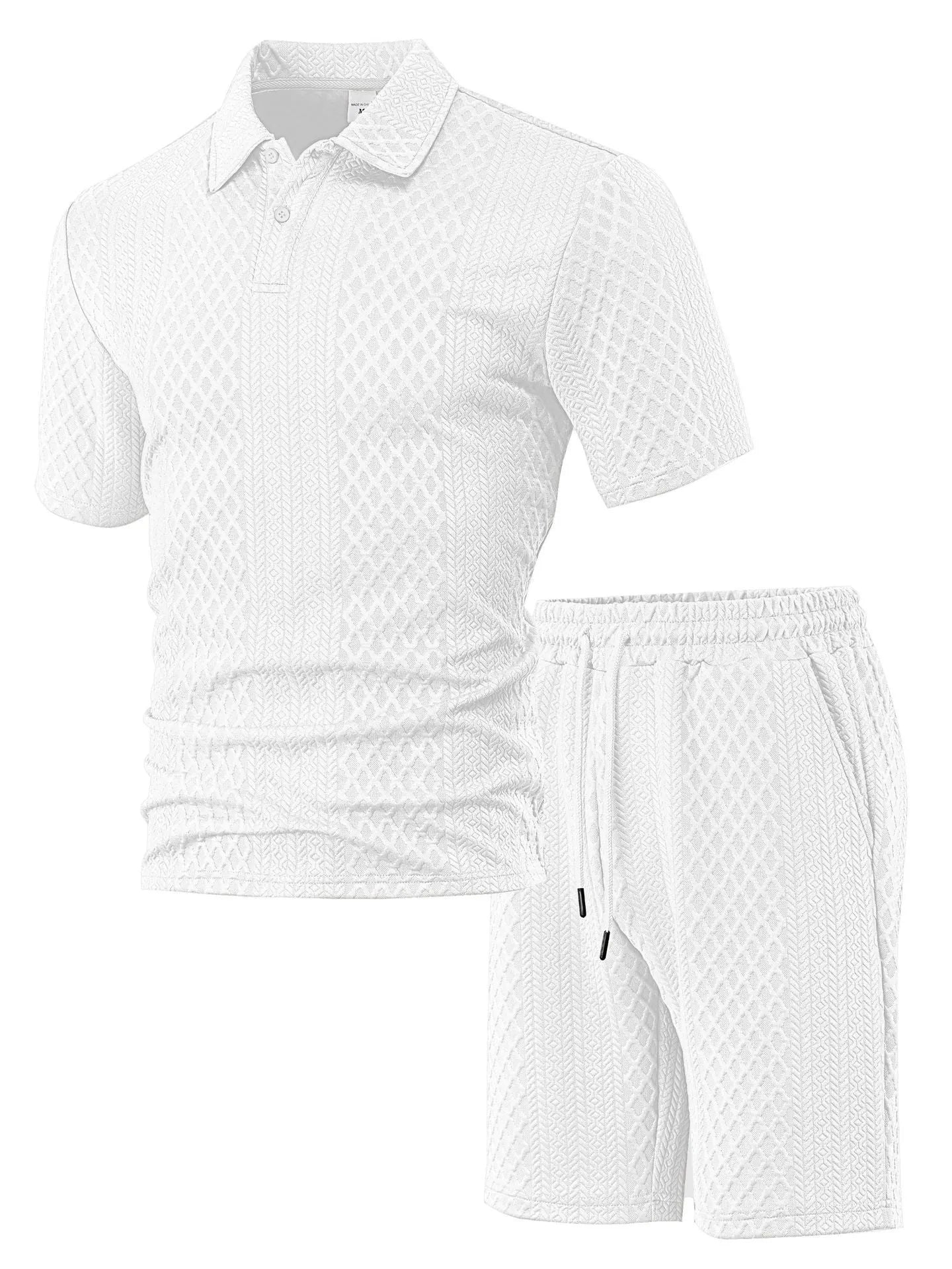 Men's patterned cloth casual suit set showing short sleeve polo shirt and trousers in multiple colour options
