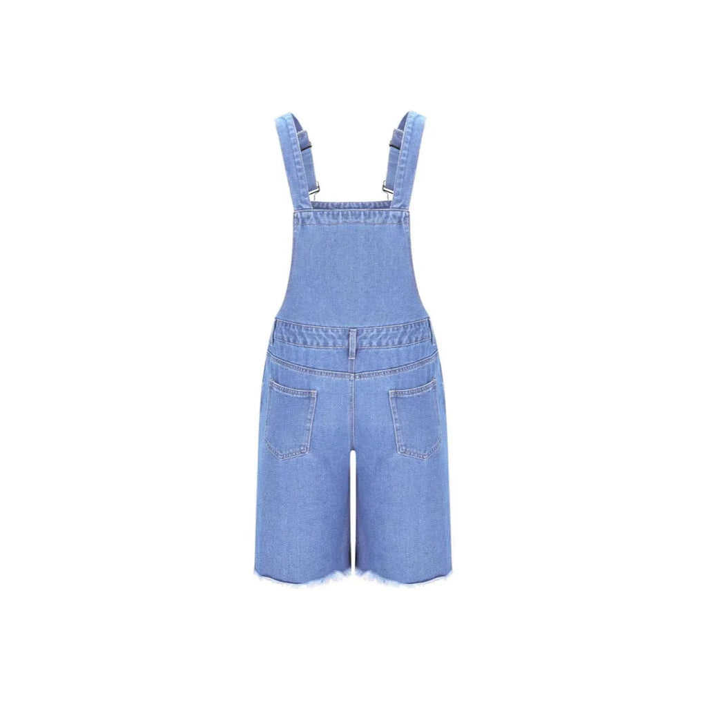 Men's ripped dark blue denim shorts with suspender straps on a mid waist