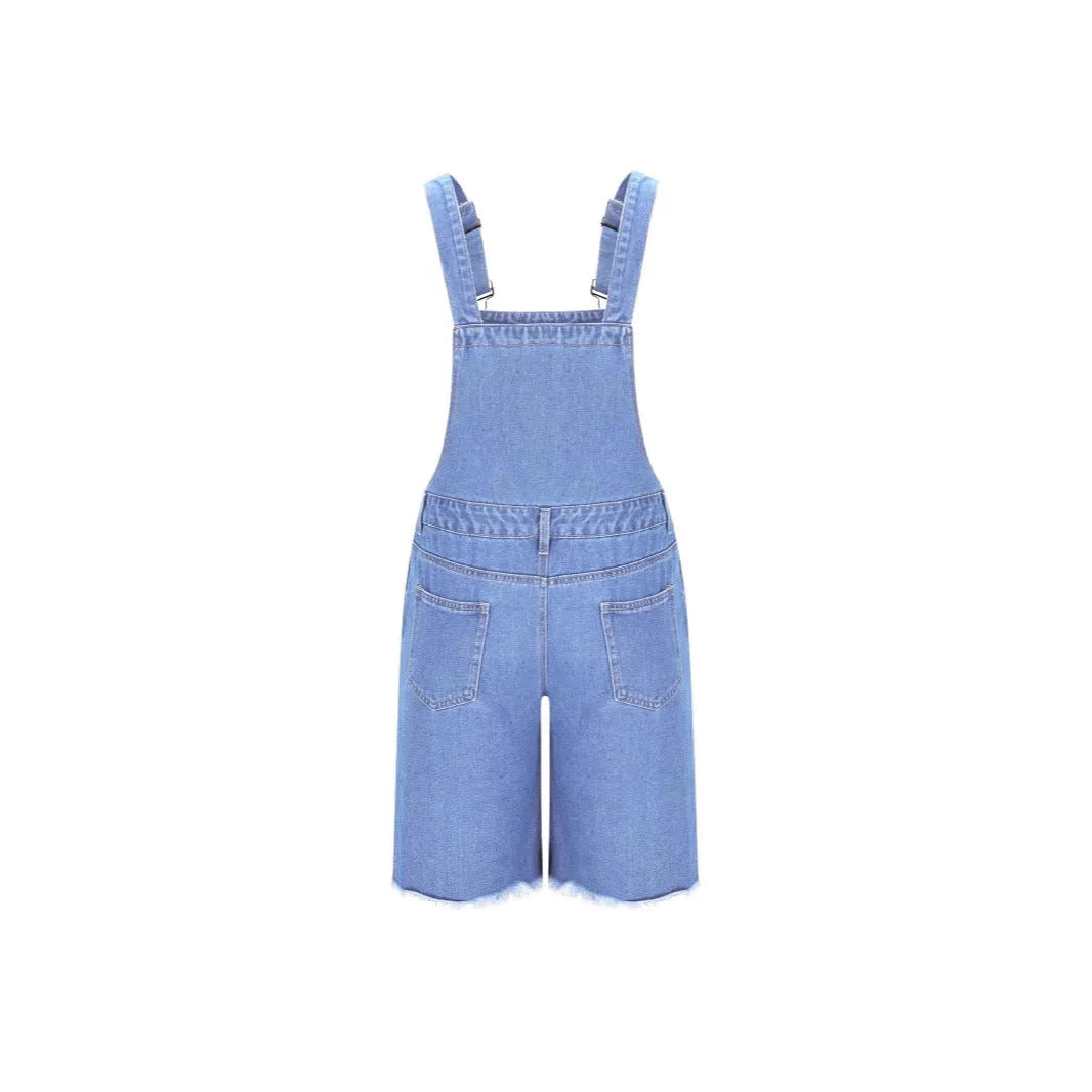 Men's ripped dark blue denim shorts with suspender straps on a mid waist