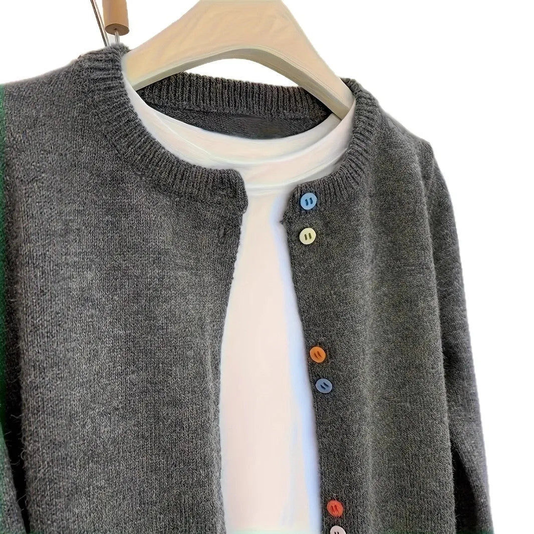 Dark grey women's button-front cardigan sweater for commute and workwear layering