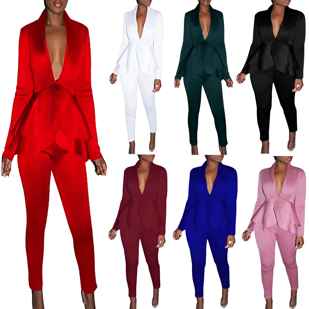 Ruffled air layer business uniform set showing shirt and pencil pants in a selected colour.