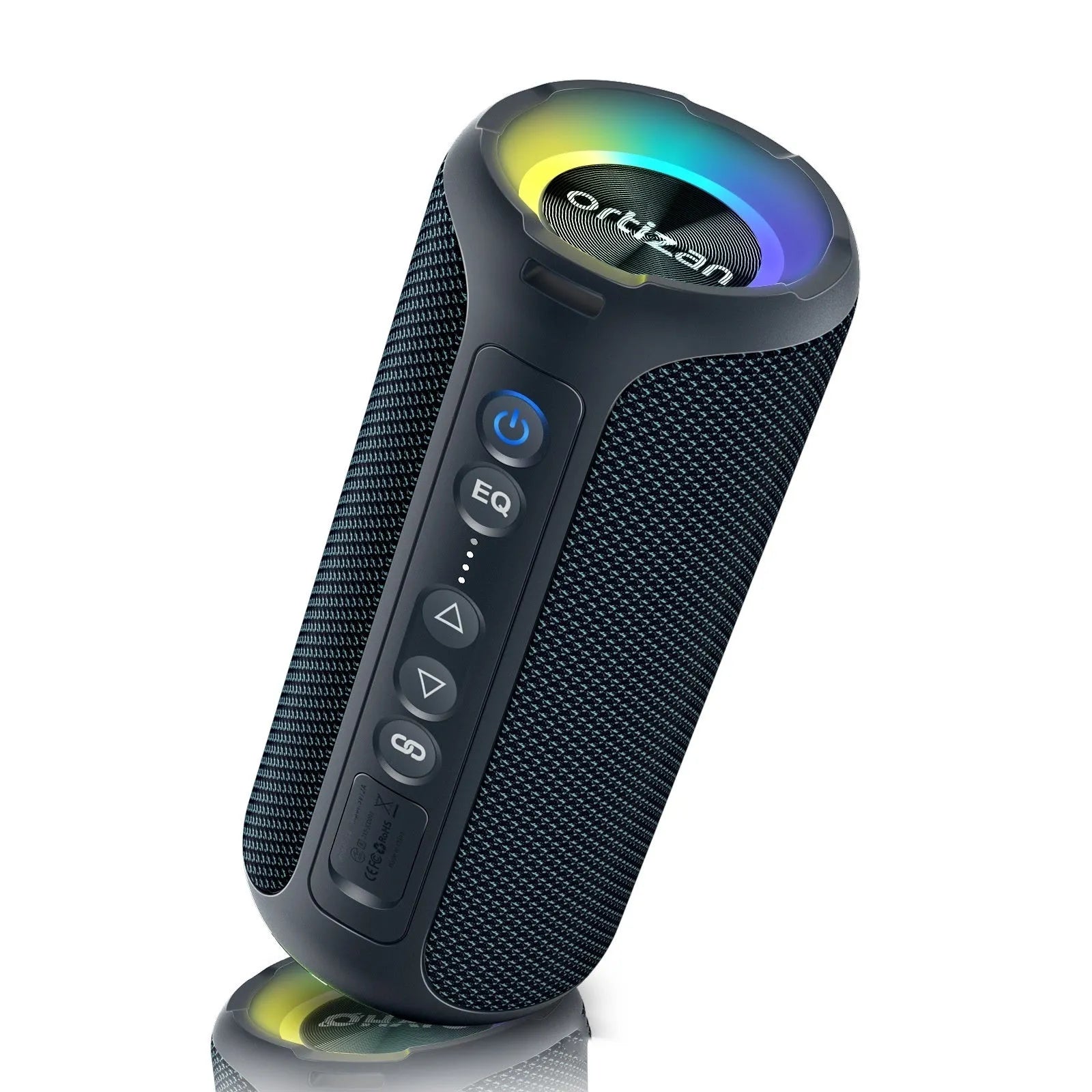 Black and blue fabric wireless Bluetooth speaker with colourful lighting effects showing 40W output rating
