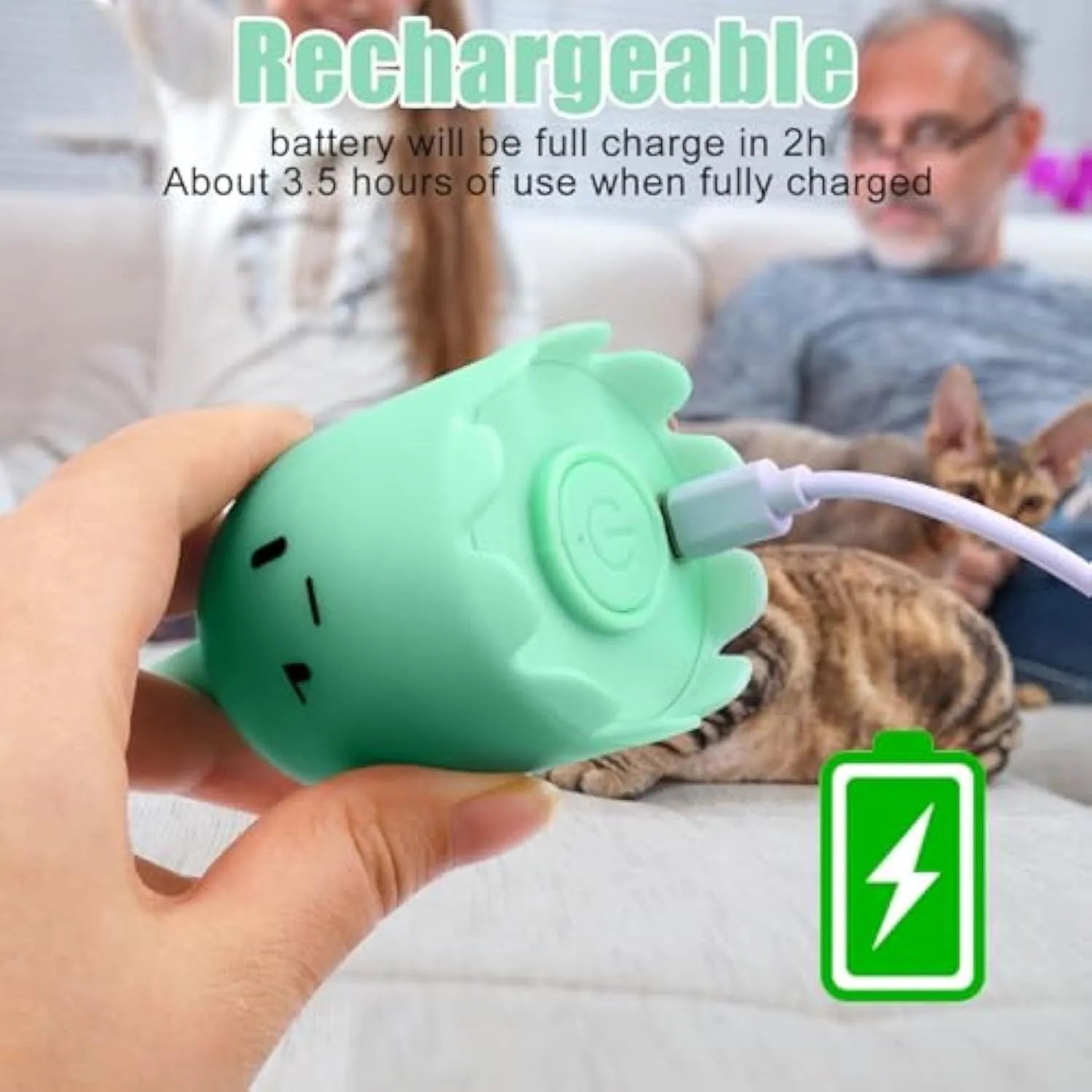 Green automatic cat wand toy with silicone tails swinging, placed on wooden floor