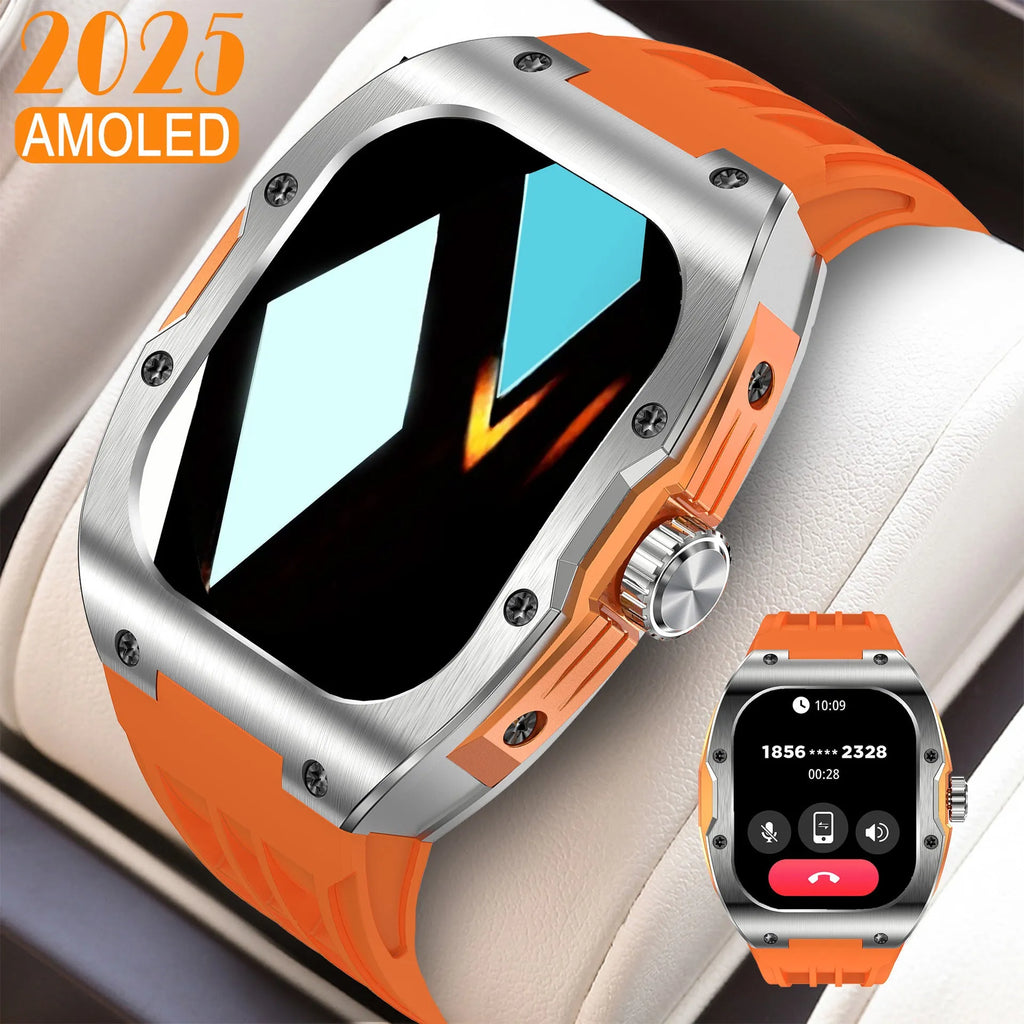 Men's smart watch with AMOLED screen on wrist showing fitness stats, available in black and orange colour variants.