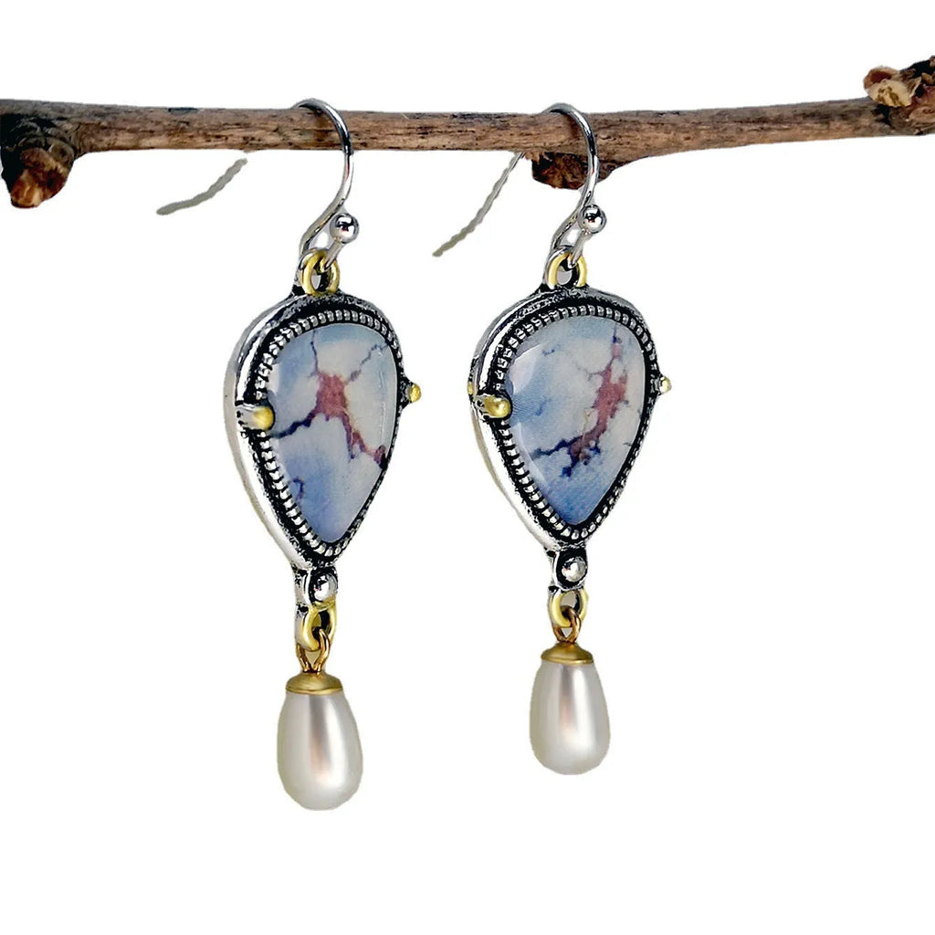 Retro blue geometric drop earrings with synthetic opal and pearl stones