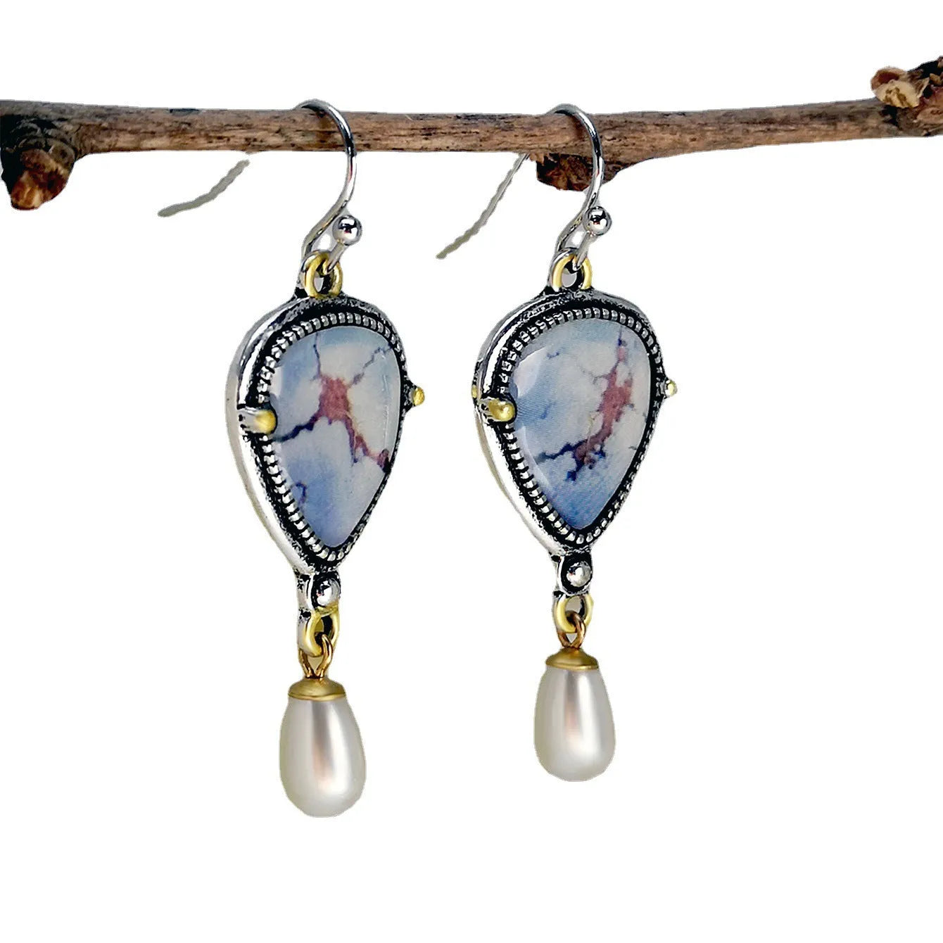 Retro blue geometric drop earrings with synthetic opal and pearl stones