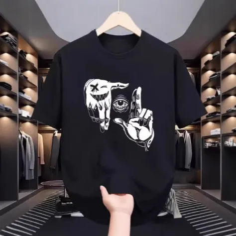 Men's grey cartoon print t-shirt with round neck and short sleeves on a hanger.