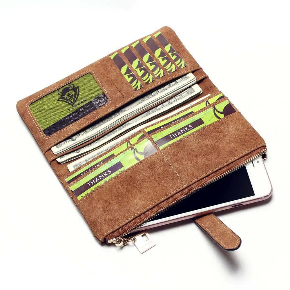 Long retro matte PU leather women's wallet open to show card slots and zip compartment.
