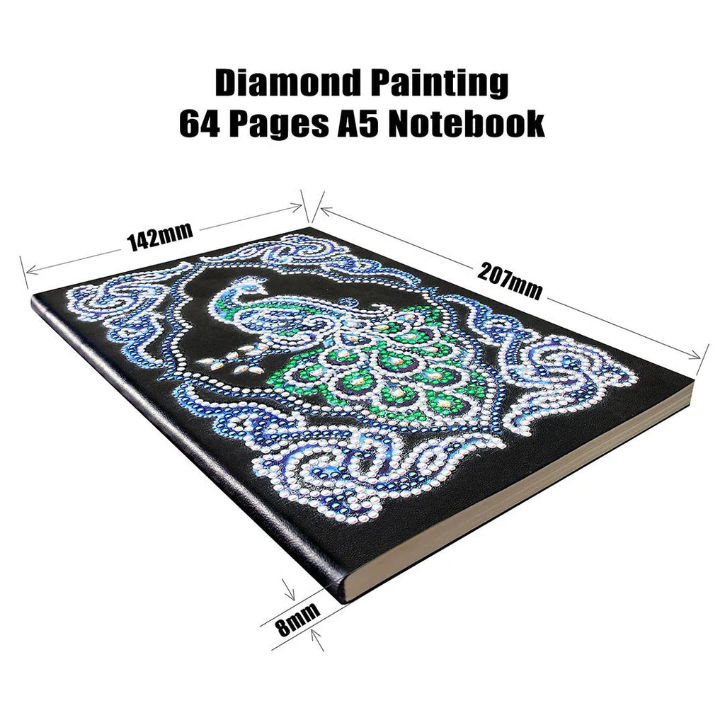 Peacock Beauty diamond painting journal notebook A5 size with black cover and textured drill patterns