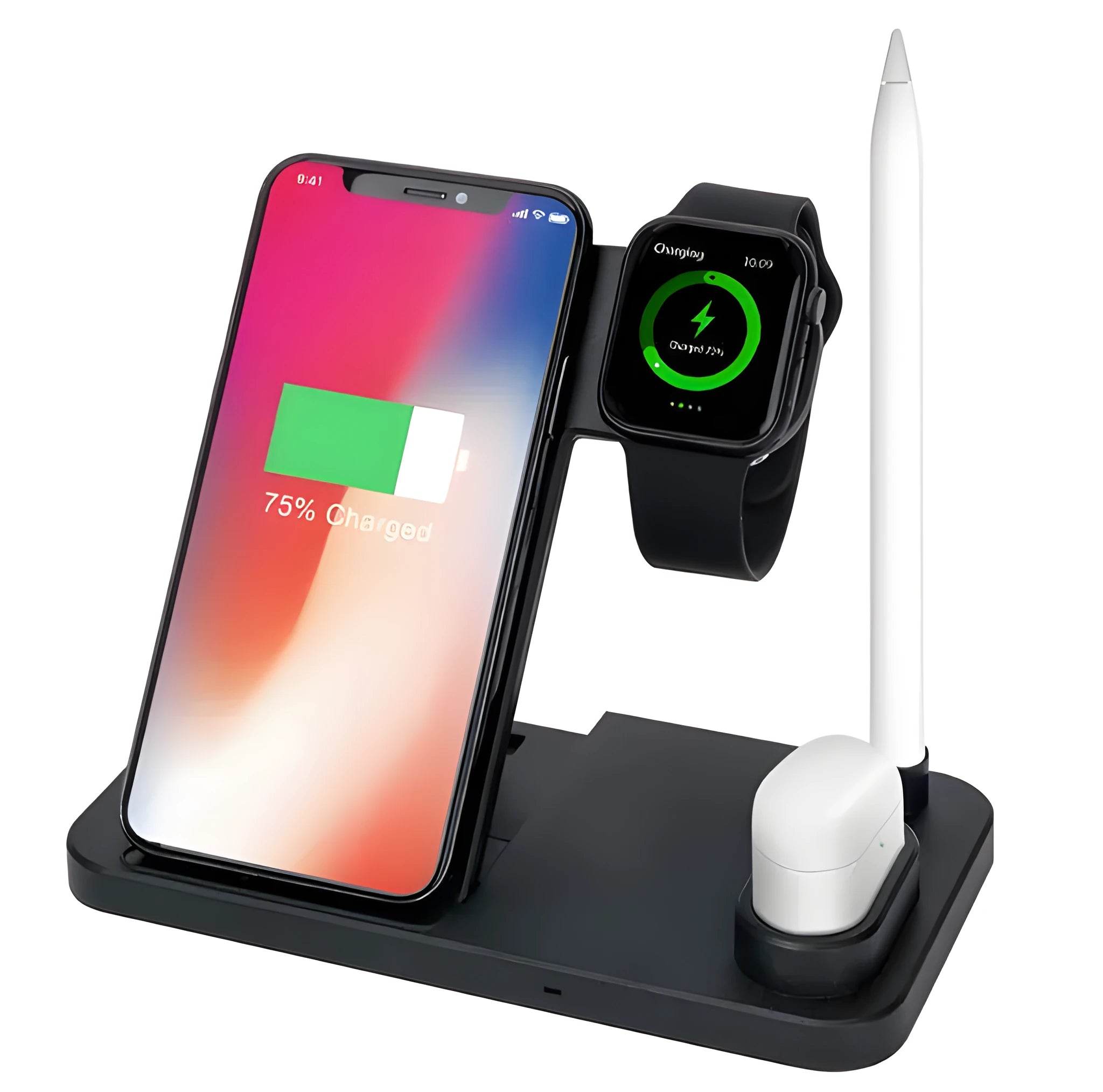 4-in-1 wireless charging station with adjustable magnetic support plate charging multiple devices