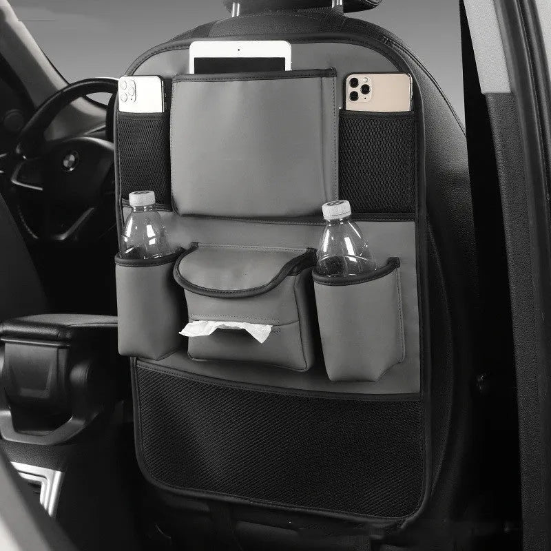 Leather car seat back storage bag in suspended design shown in available colours.