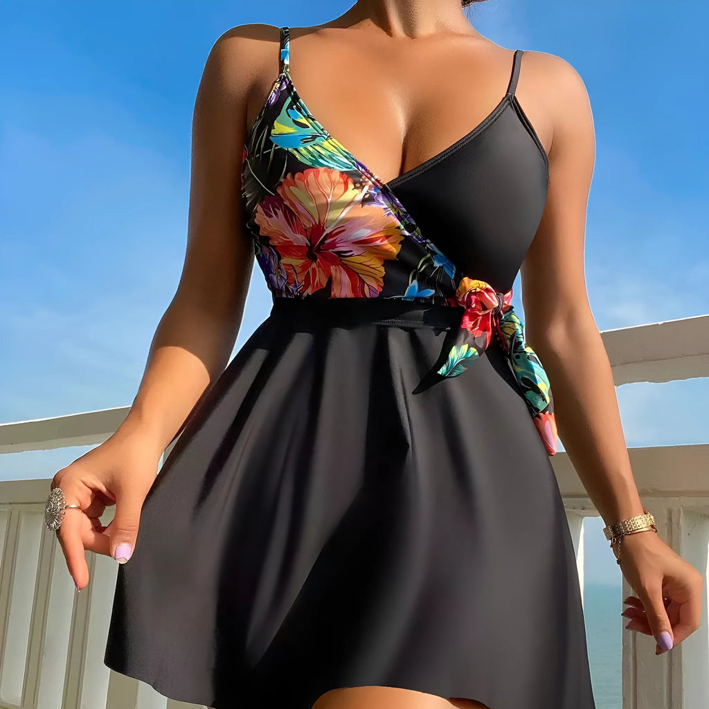 Women's black high waist briefs printed split bikini swimwear for sports and swimming