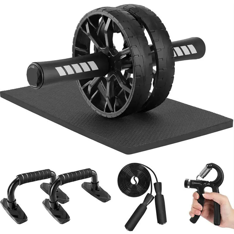 Set of seven coloured abdominal wheel push-up brackets for indoor fitness training