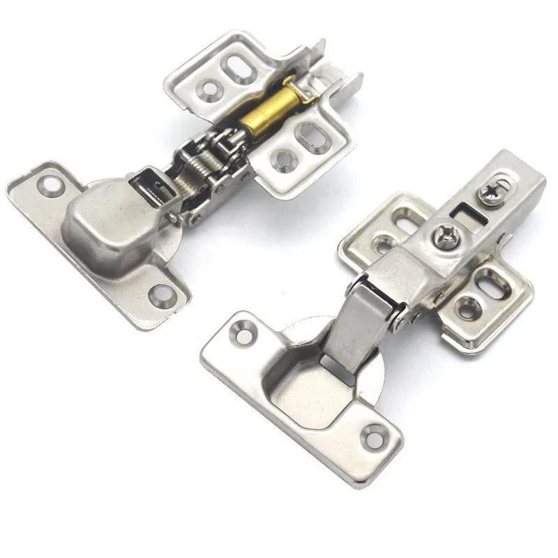 A nickel-plated cold rolled steel hydraulic hinge for cabinets, showing its damping mechanism and bend style.