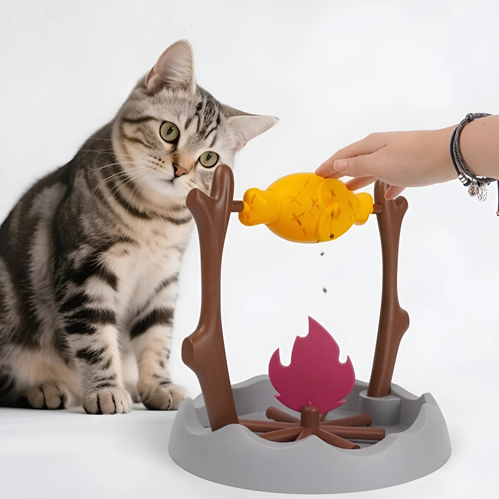 Barbecue-shaped plastic cat feeder toy measuring 30x30x29cm for dispensing freeze-dried treats