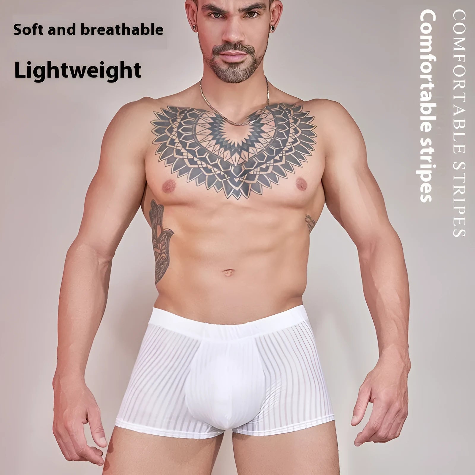 Men's thin transparent striped underwear in black, white and dark grey free size options