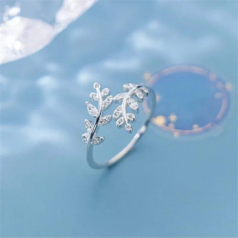 Women's adjustable copper leaf branch ring with electroplated gold or silver geometric design