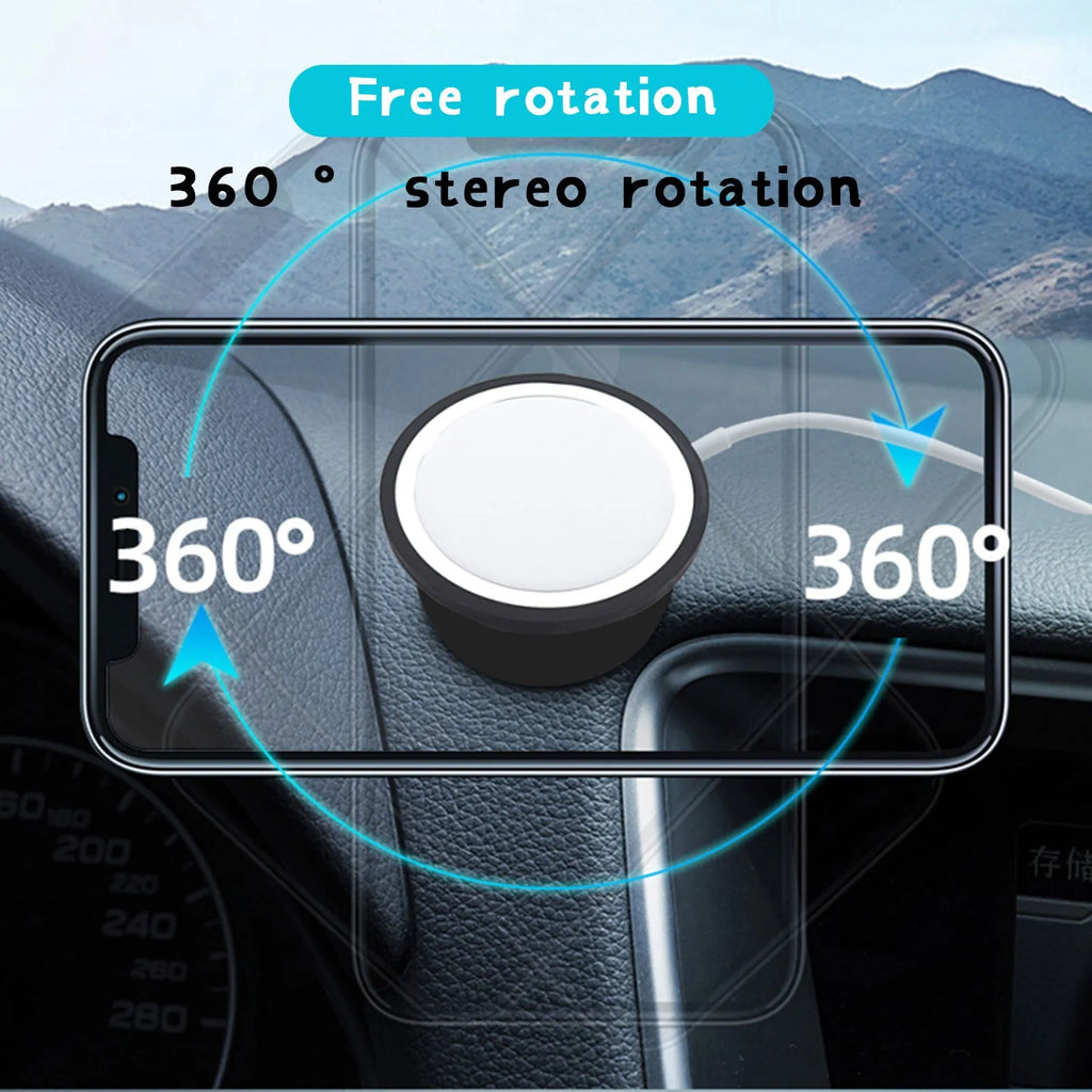Black plastic magnetic car phone holder shown as an air vent mount and a dashboard base mount.