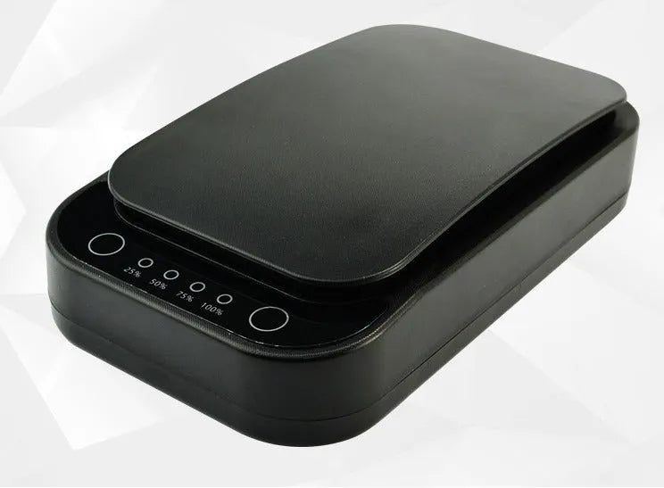 Blue and white ultraviolet disinfection box for mobile phones with UV-C light.