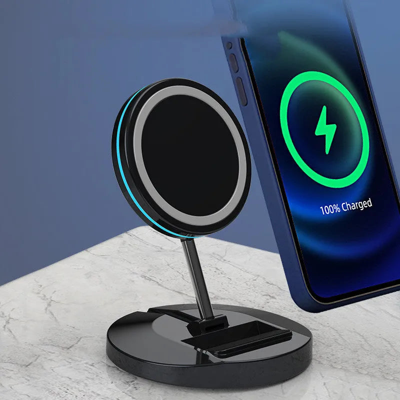 Magnetic 3-in-1 folding wireless charging stand compatible with iPhone 12 showing compact folded position