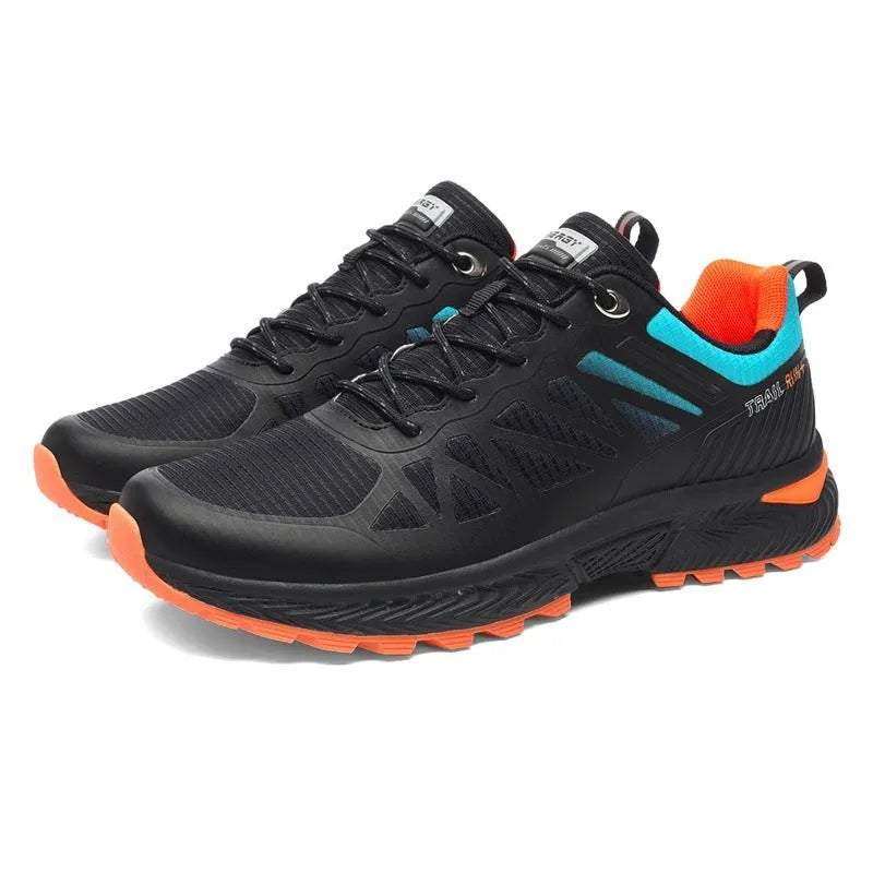 Men's breathable mesh outdoor running shoes in black, shown with lace-up front and round toe