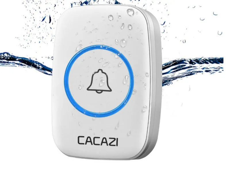 White wireless plug-in doorbell receiver and push button with 300m range and 36 melody choices.