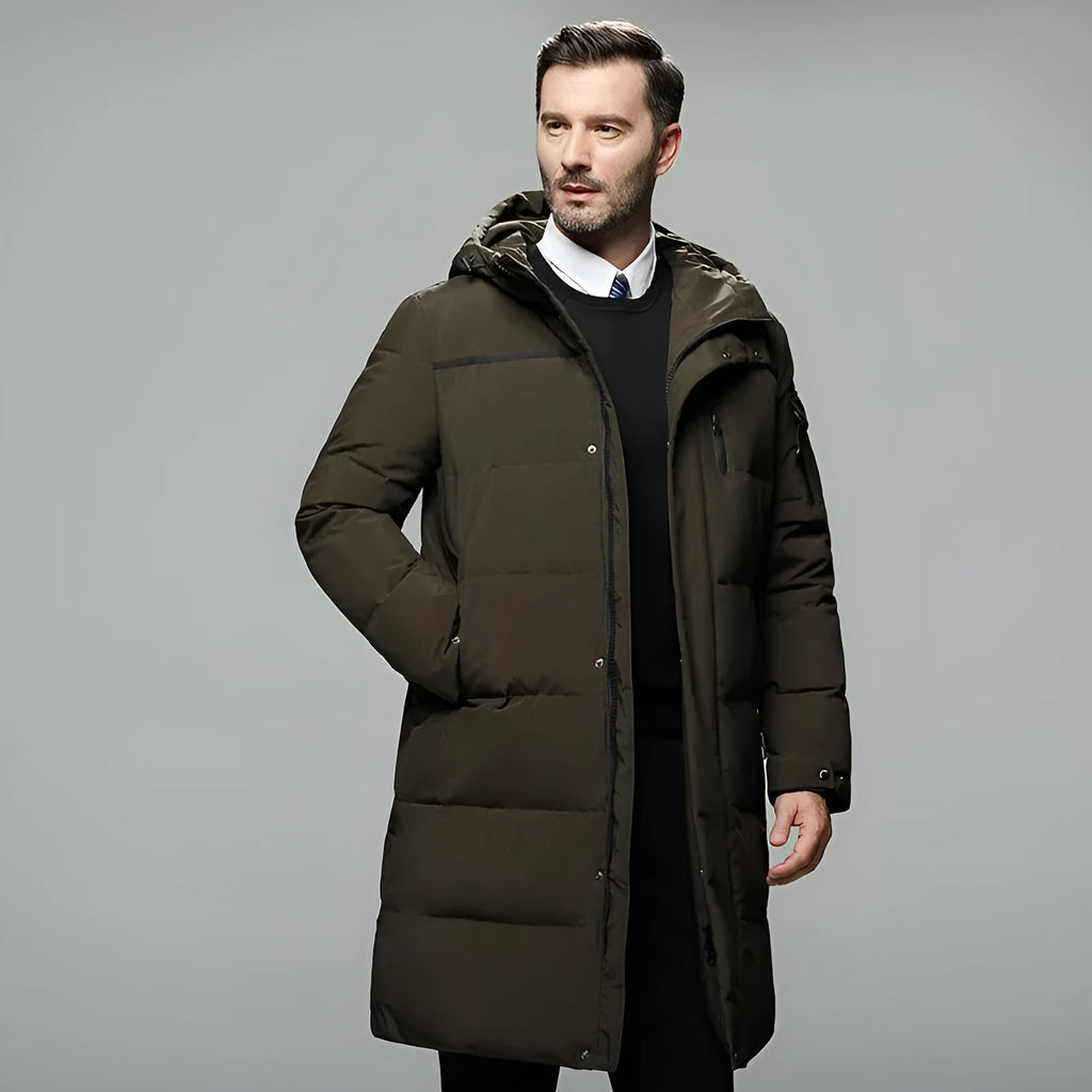 Long padded down jacket for men in black, grey, or green coffee, 100% polyester shell, white duck down filling, sizes M-5XL