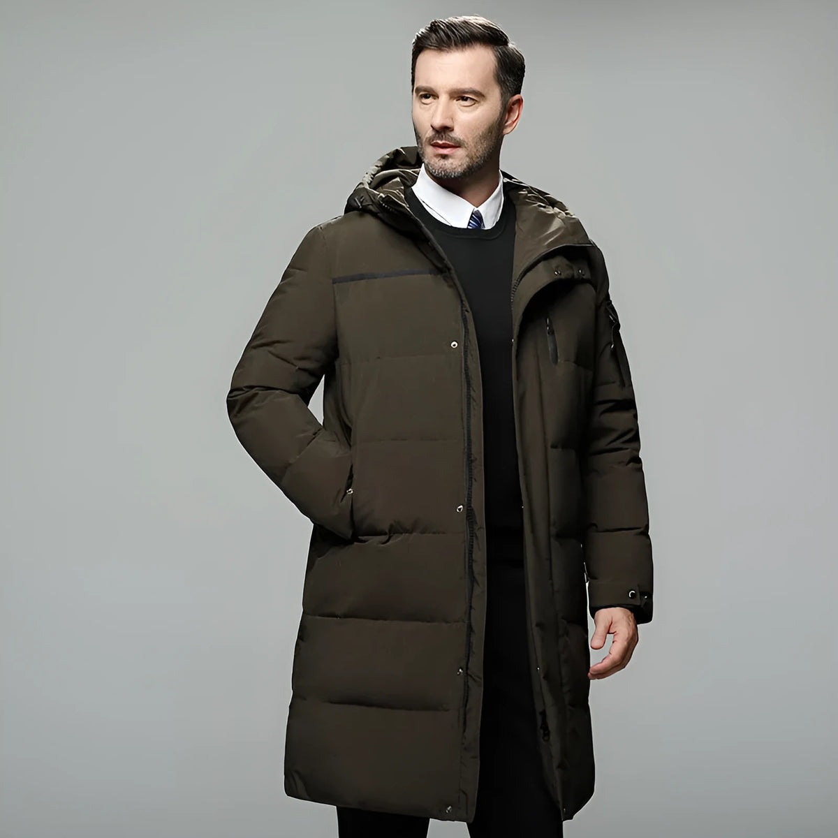 Long padded down jacket for men in black, grey, or green coffee, 100% polyester shell, white duck down filling, sizes M-5XL