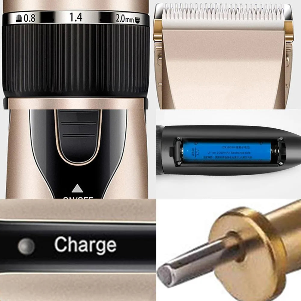 Gold cordless pet grooming clipper kit with ceramic titanium blade, four guide combs and grooming tools