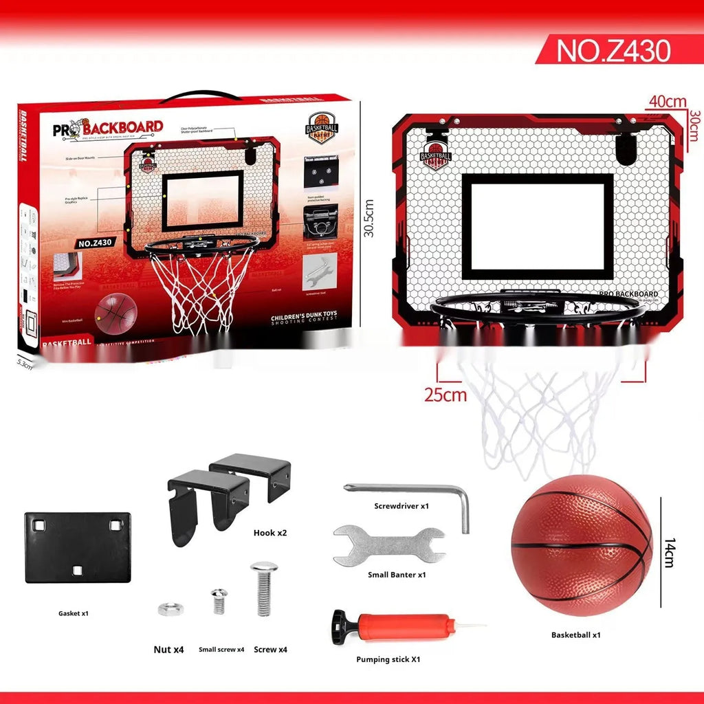 Red folding basketball frame with suction cups mounted on wall showing 400x300mm panels