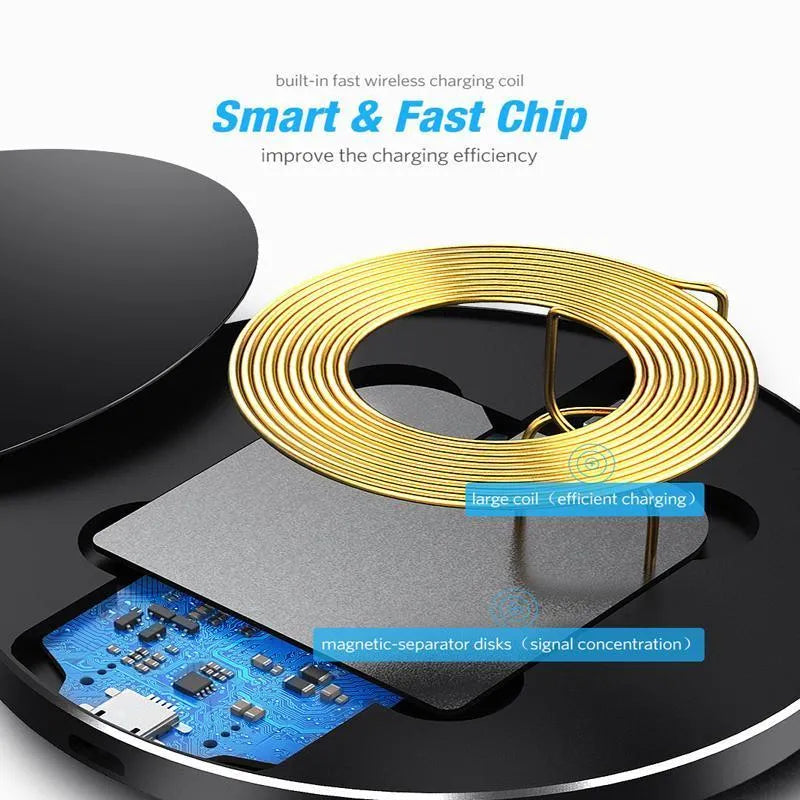 Ultra-thin black QI wireless fast charger with dimensions 98x98x6.5mm showing charging surface and USB port
