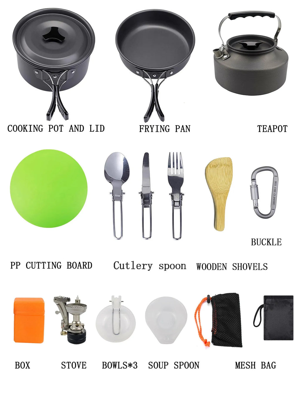 Green camping teapot set with aluminium alloy boiling pot, frying pan, small bowls, burner and cutlery for 2-3 people