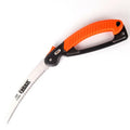 Folding garden hand saw with extended 230mm 65MN steel blade and TPR grip, shown closed and open.