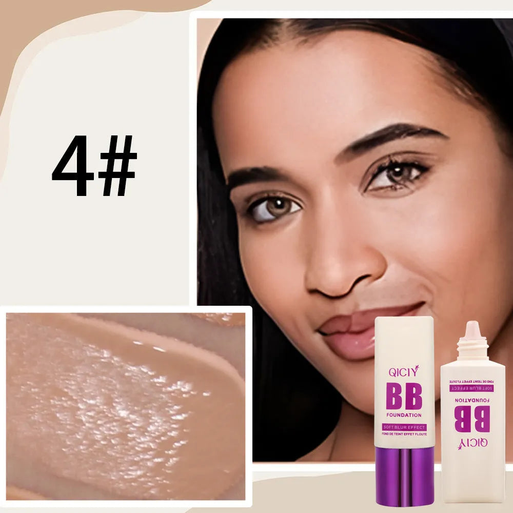 Squeezable plastic bottle of brightening BB cream liquid foundation in one of ten available shades.