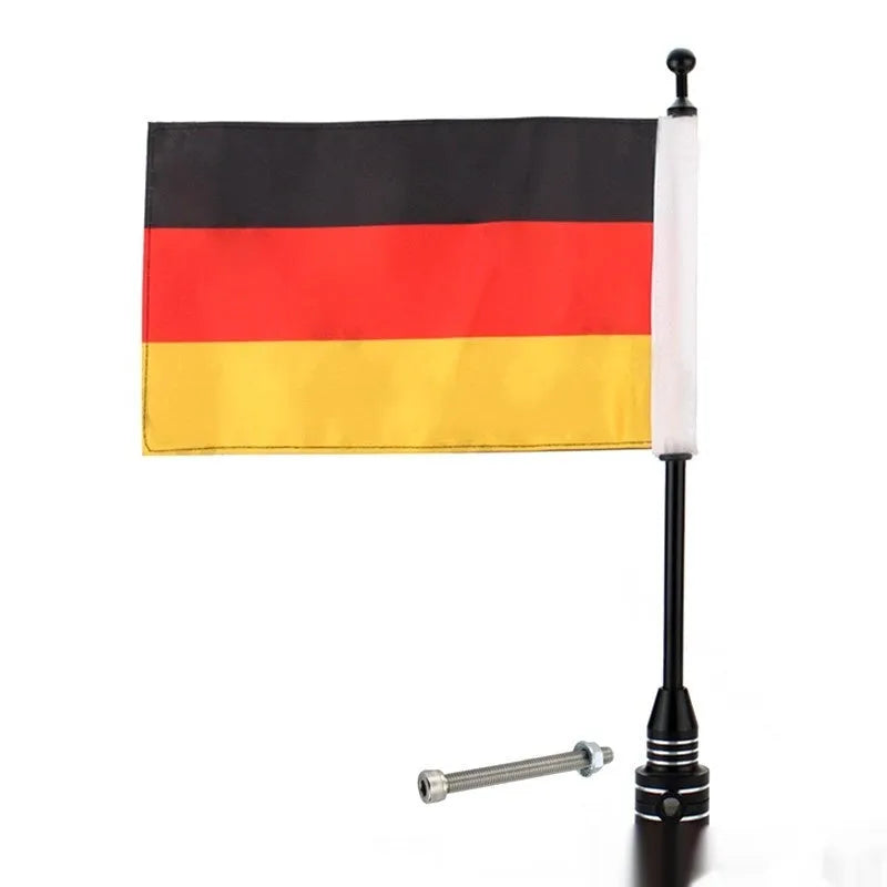 Black and silver steel motorcycle luggage rack flagpole for side box mounting.