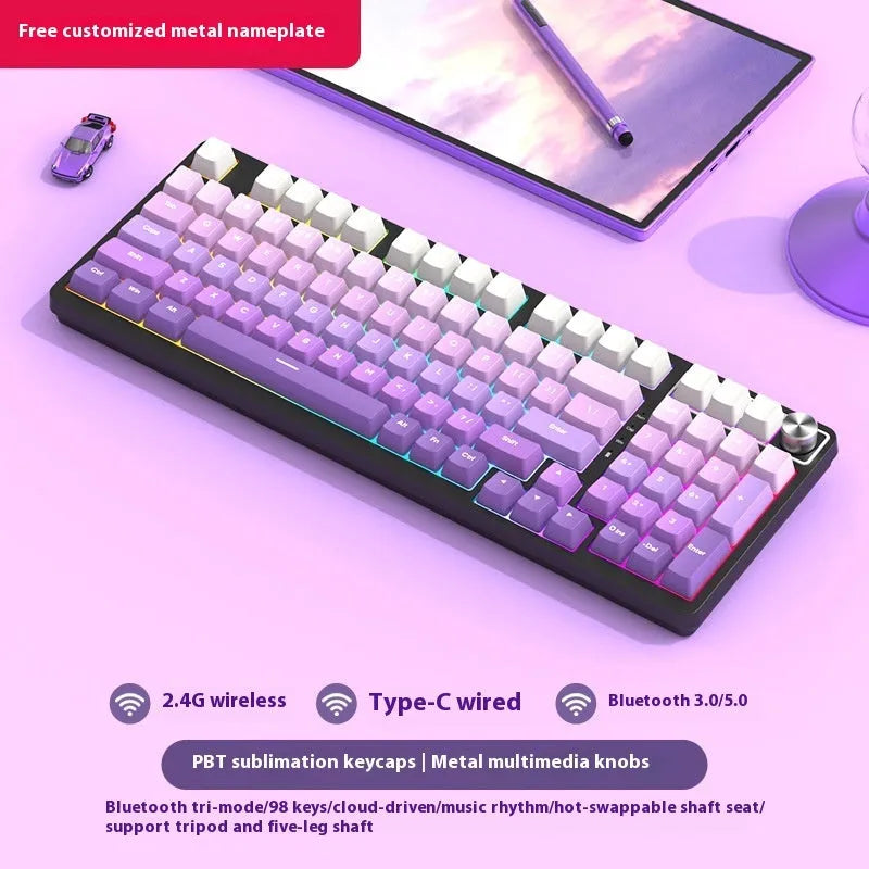 98 key wireless Bluetooth mechanical keyboard kit with metal knob on desk
