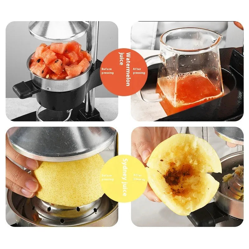 Black cast iron manual citrus juicer with stainless steel strainer, 40cm tall