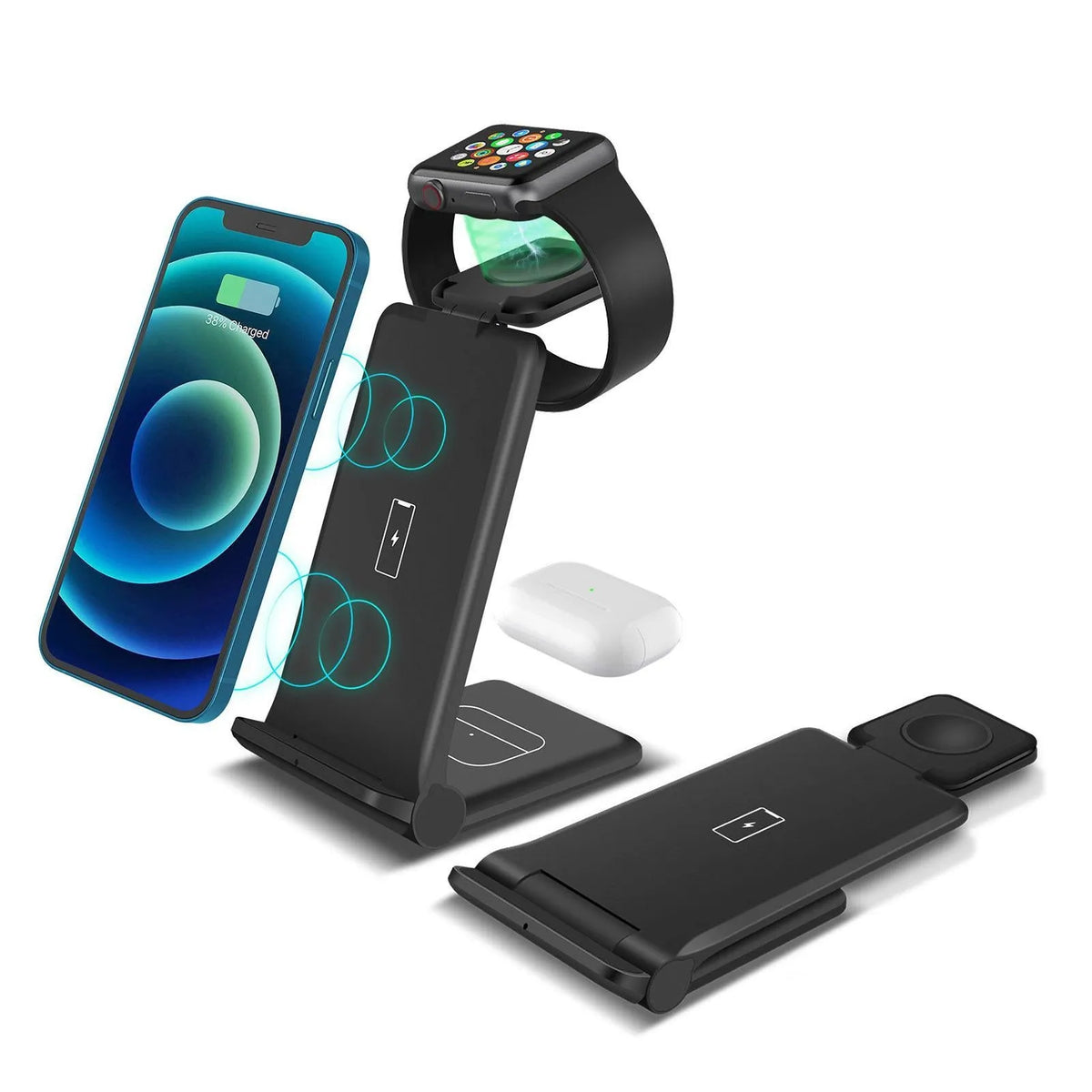 White 3-in-1 wireless charging station dock for iPhone, Apple Watch and AirPods, showing foldable design.