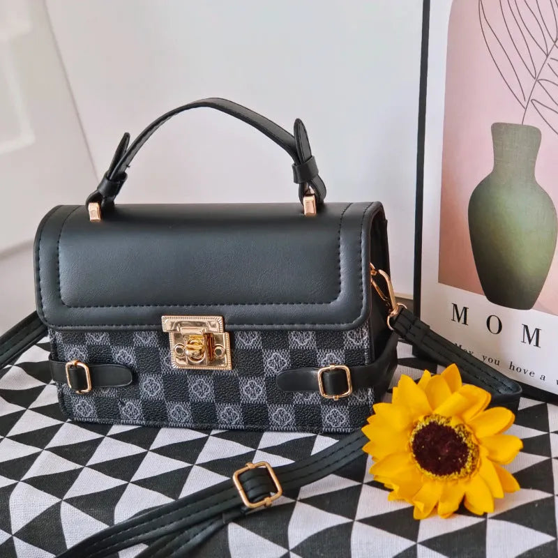Retro square pattern crossbody bag in apricot colour with ethnic stitching and flower decoration