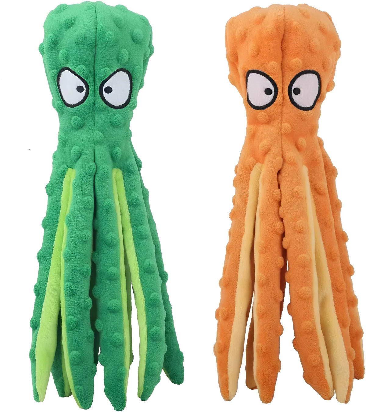 Blue octopus-shaped dog plush toy with squeaker and crinkle sounds, measuring 32 cm long.