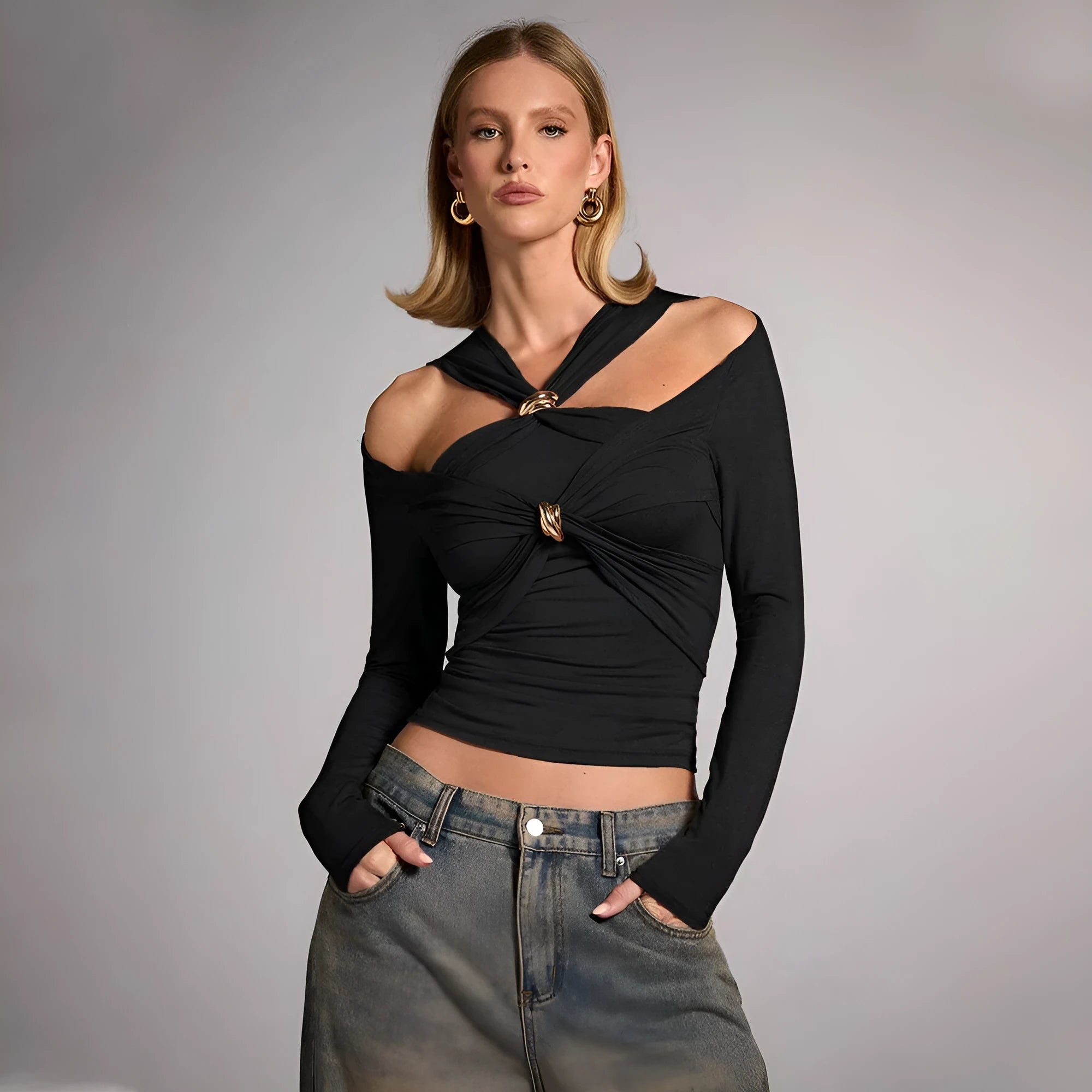 Black women's halter top with shoulder-baring design and slim fit silhouette in polyester fabric