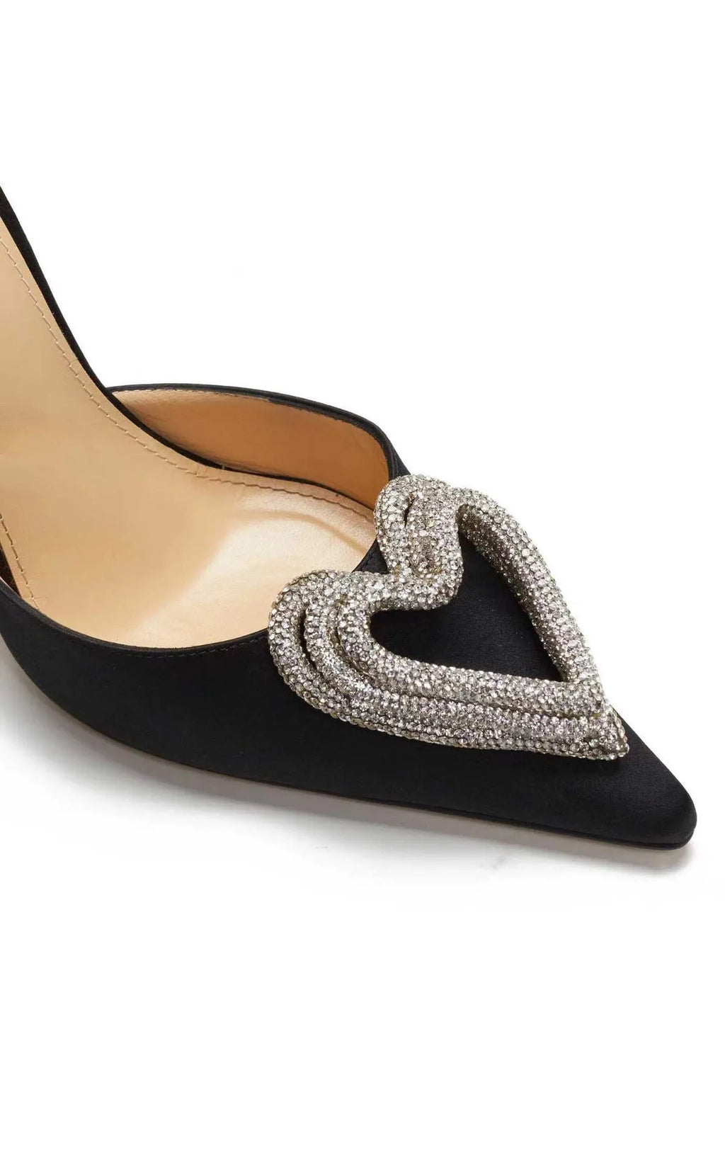 Women's pink satin sandals with heart-shaped rhinestone toe holders and cross-belt straps
