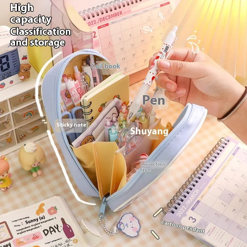 Transparent cartoon student pencil case with large capacity for stationery organisation