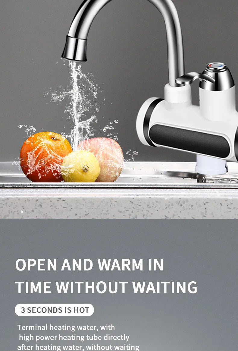White electric water heater with digital temperature display for kitchen installation